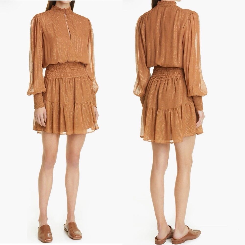 A.L.C. Silvie Smocked Long Sleeve Silk Blend Butterscotch & Gold 8 Boho Earthy